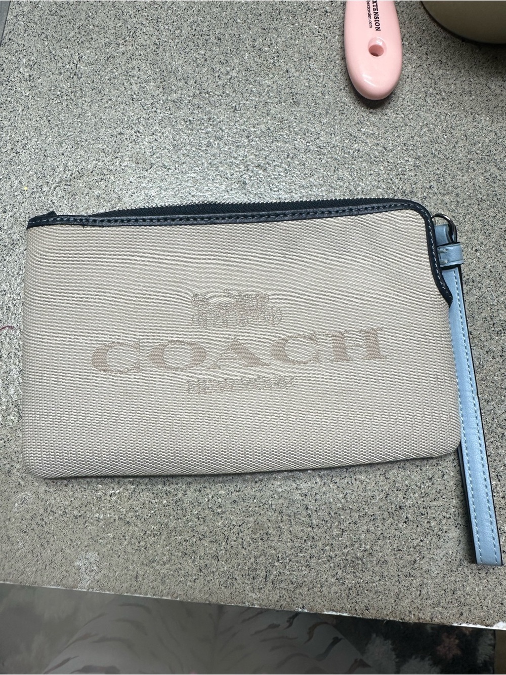 Coach Beige Canvas Wristlet with Light Blue Strap